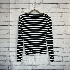 Lauren Ralph Lauren Striped Black & White Long Sleeve Top w/ Gold Buttons S Y2K